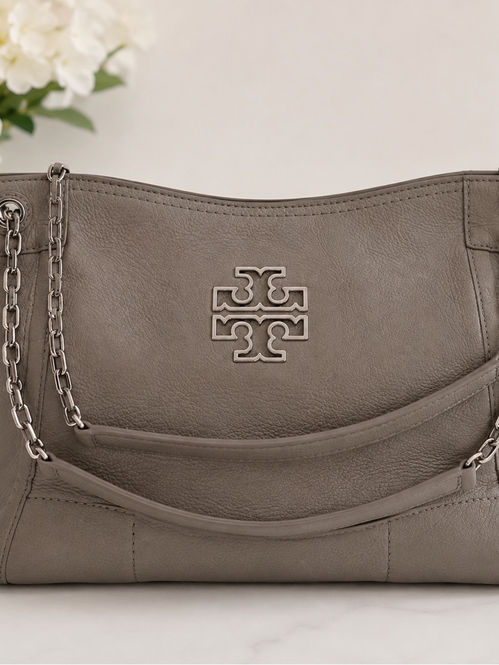 Tory Burch Gray Leather Chain-Shoulder Bag